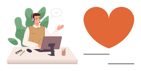 Fototapeta na wymiar Call center agent speaking through a headset, seated at a desk with plants in the background and a large heart symbol illustrating care, customer support, relationships, and connection. Ideal