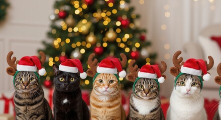 Naklejka na ściany i meble A group of funny cats wearing Santa hats and reindeer antlers for Christmas. Cute pets in a row for a holiday portrait with a festive tree background