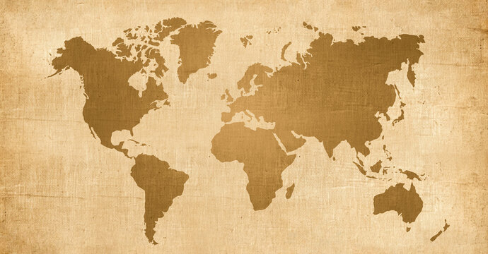 World map on old grunge paper background .Old map of the world in grunge style. Perfect vintage background. Realistic world map. Vintage old paper . Antique parchment for map
