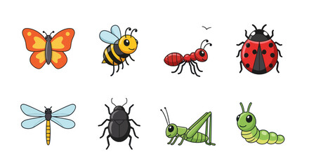 Cartoon insects collection butterfly bee ant ladybug dragonfly beetle grasshopper