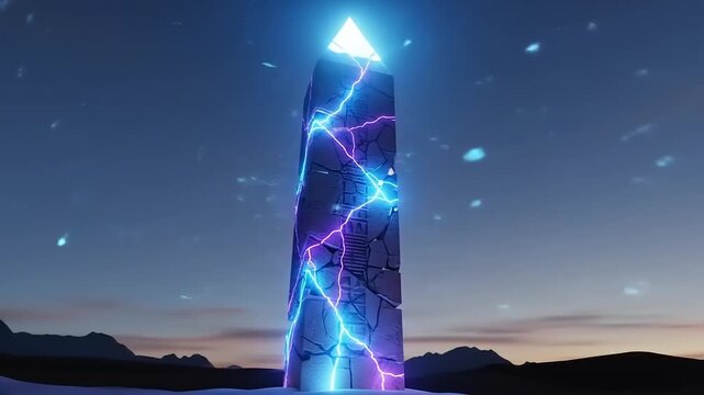 Mysterious Glowing Obelisk in a Night Sky with Electric Energy.