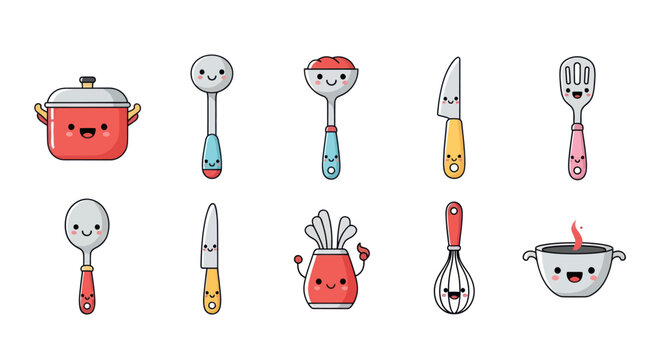 Cartoon kitchen utensils set isolated on white background illustrations