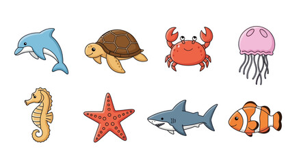 Cartoon ocean creatures dolphin turtle crab jellyfish seahorse starfish shark clownfish © Darwaty