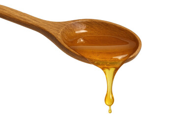 Honey dripping from wooden spoon showing golden liquid sweet food ingredient on transparent background