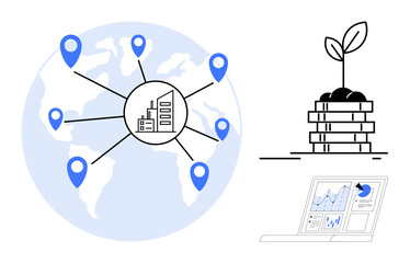 Factory linked to worldwide locations, stacked coins with sprouting plant symbolizing financial growth, analytics chart on laptop for data insight. Ideal for business, finance, sustainability