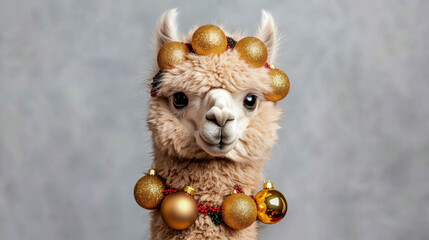 Obraz premium Llama wearing golden christmas ornament garland and festive headband, fluffy fur, joyful holiday animal portrait, grey background