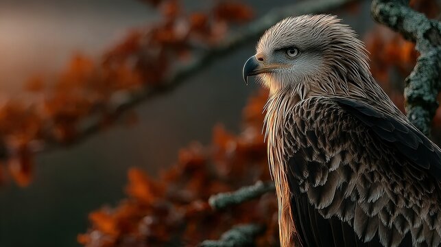 Bird of prey perched on a branch with autumn leaves in the background.