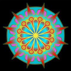 Bright turquoise and yellow mandala with radial glowing shapes forming a colorful and harmonious circular pattern.