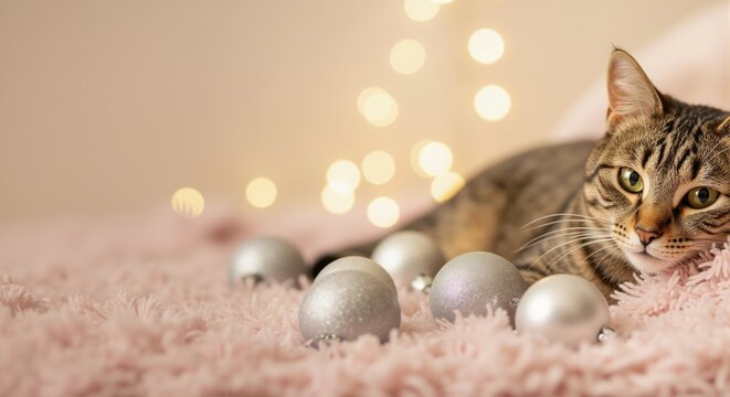 Cute tabby cat lying on a cozy pink blanket with Christmas baubles. Festive holiday pet portrait with warm bokeh lights. Seasonal background with copy space