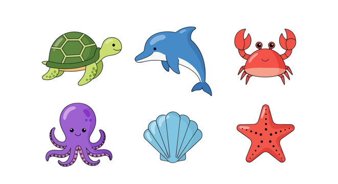 Cartoon sea creatures turtle dolphin crab octopus shell and starfish