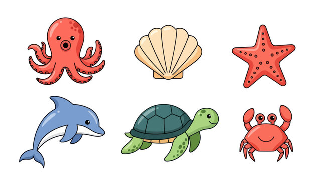 Cartoon sea creatures octopus shell starfish dolphin turtle crab
