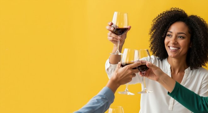 Smiling African American woman toasting with red wine with friends. Group celebration on a vibrant yellow background with copy space