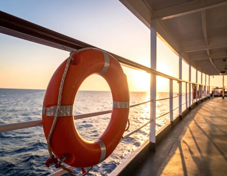 Sunny seascape view from a boat, orange lifebuoy in focus