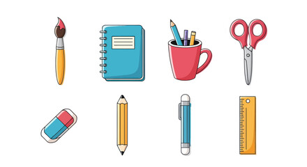 Assortment of stationery items brush notebook pencils scissors eraser ruler