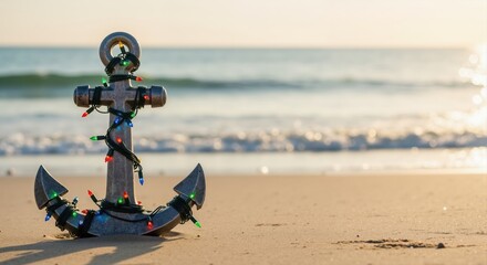 Obraz premium A nautical anchor with colorful Christmas lights on a sandy beach. Tropical holiday celebration at sunset by the ocean with copy space