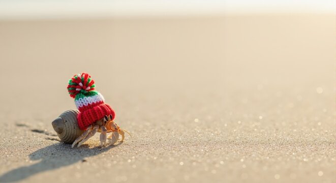 A funny hermit crab in a festive knitted hat on a tropical beach. Cute animal celebrating a warm Christmas holiday with copy space
