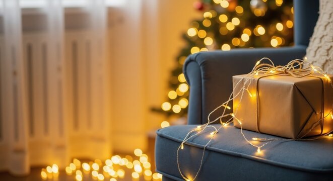 A festive gift box wrapped in brown paper with glowing fairy lights on a blue armchair. Cozy Christmas holiday background with a blurred tree and bokeh lights. Copy space for text - Powered by Adobe