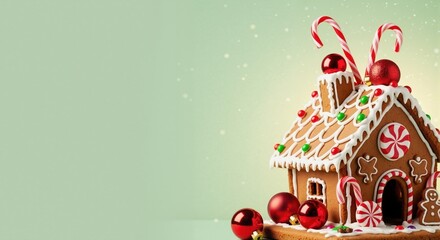 Festive gingerbread house decorated for Christmas. Traditional holiday baking with candy canes and ornaments on a green background with copy space for text