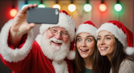 Santa Claus taking a fun selfie with two young women on a smartphone. Happy friends in Santa hats celebrating the Christmas holiday at a party