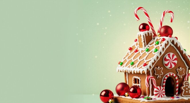 Festive gingerbread house decorated for Christmas. Traditional holiday baking with candy canes and ornaments on a green background with copy space for text