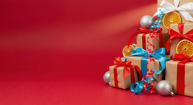 A stack of festive Christmas gift boxes on a red background. Holiday presents with colorful ribbons and decorations. Copy space for text.