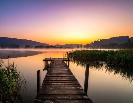 Sunrise over serene lake with a wooden pier, vibrant sky - Powered by Adobe