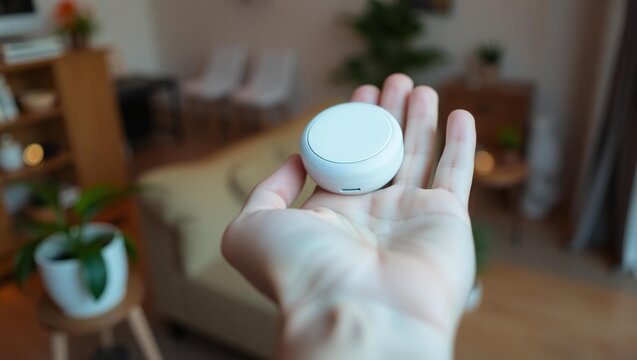 Hand holding a small white smart home device in a blurred living room