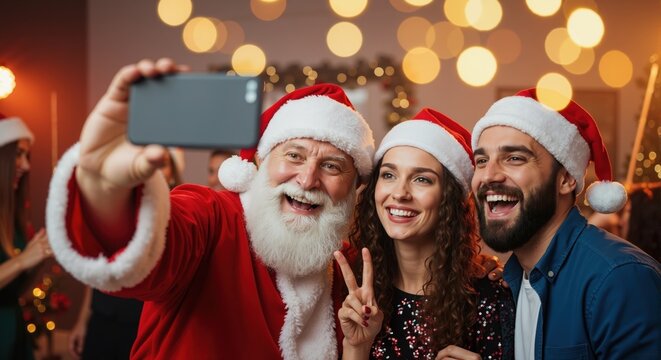 Happy Santa Claus taking a selfie with a young couple at a Christmas party. Group of smiling friends in Santa hats celebrating the holidays with a smartphone