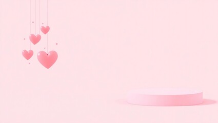 Soft pink background with floating hearts and subtle podium