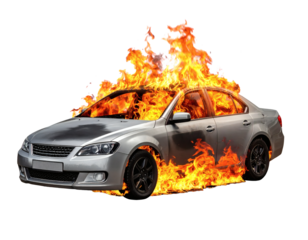 Dramatic car engulfed in flames, a catastrophic event perfect for insurance ads or disaster preparedness campaigns