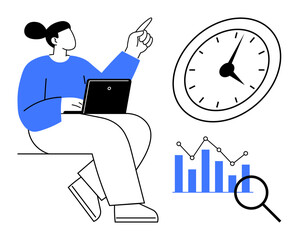 Woman working on a laptop with a rising bar chart, magnifying glass, and clock emphasizing time management, data analysis, and efficiency. Ideal for productivity, business, research, performance