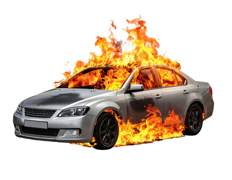 Dramatic car engulfed in flames, a catastrophic event perfect for insurance ads or disaster preparedness campaigns - Powered by Adobe