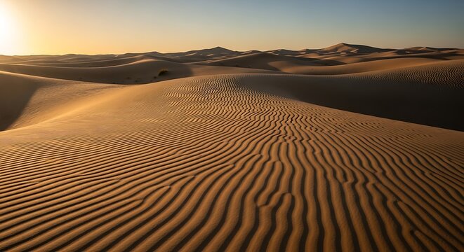 Golden Sand Dunes With Rippling Patterns At Sunset kdhfishd