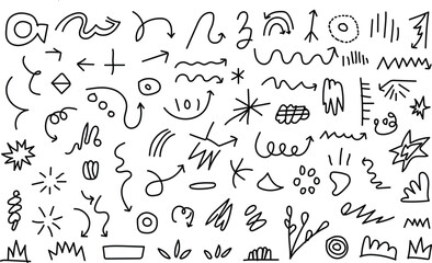 Collection of hand drawn doodle arrows symbols and abstract shapes isolated on white background for design elements and creative projects