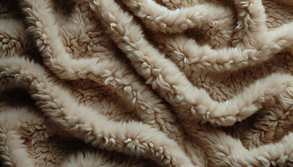Soft beige folds of fluffy texture with warm tones of cream, sand, and caramel. Abstract macro shot of luxurious material creating cozy waves, ideal for modern design and business