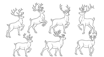 Obraz premium Illustration of seven outlined deer with large antlers in various poses