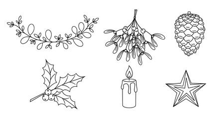 Line art of festive christmas elements including greenery and star