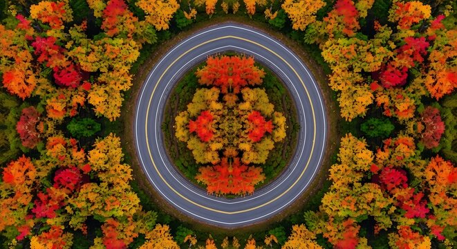 Kaleidoscopic Aerial View of Autumn Forest and Winding Road in Vibrant Red Yellow Orange Colors fall