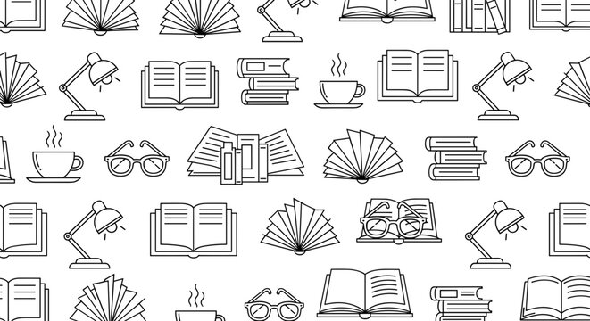 Seamless pattern of books lamps glasses and coffee cups in black