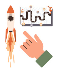 Rocket launch symbolizing progress and success, map with milestones for planning and navigation, hand pointing for guidance. Ideal for innovation, strategy, business goals, leadership, planning