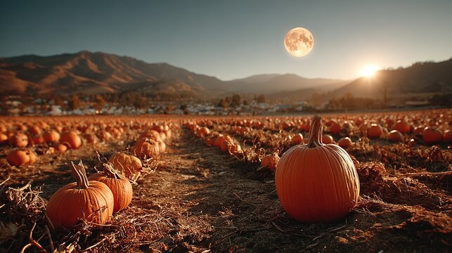Pumpkin field with hills and moon in the background at sunset.