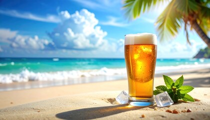 Tall glass of cold beer with ice and mint on beach