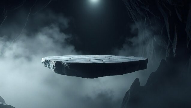 Mysterious floating island in foggy dark environment with spotlight