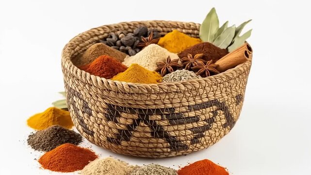 A Woven Basket Overflowing with Assorted Spices and Herbs.