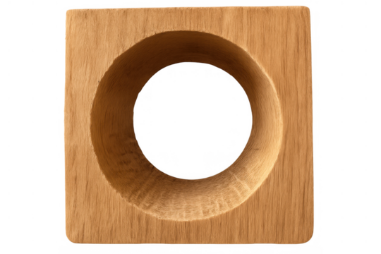 Wooden square block with a clean circular hole cutout, minimalist geometric design, abstract natural wood texture, transparent background