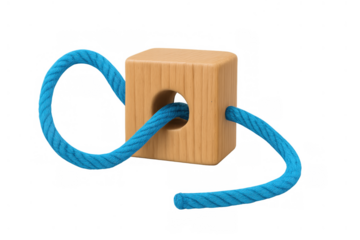 Wooden block puzzle with blue rope passing through holes, representing problem solving challenge, connection, and complexity
