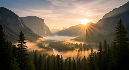 Majestic Yosemite Valley at Sunrise with Sunbeams and Morning Mist national park california