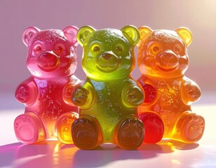 Three colorful gummy bears arranged in a row, backlit