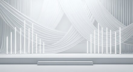 Obraz premium Minimalist White Stage with Draped Fabric and Vertical Light Columns podium platform