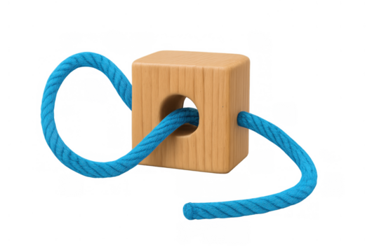 Wooden block puzzle with blue rope passing through holes, representing problem solving challenge, connection, and complexity